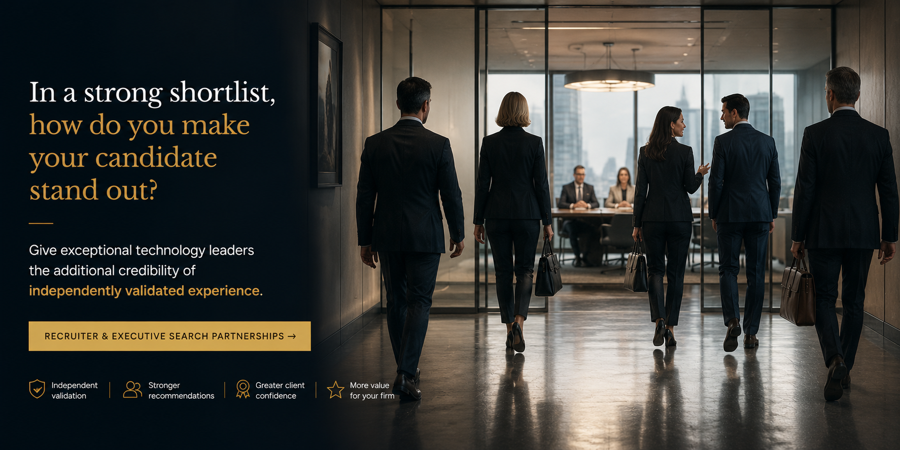 Recruiters and executive search professionals walking toward a boardroom