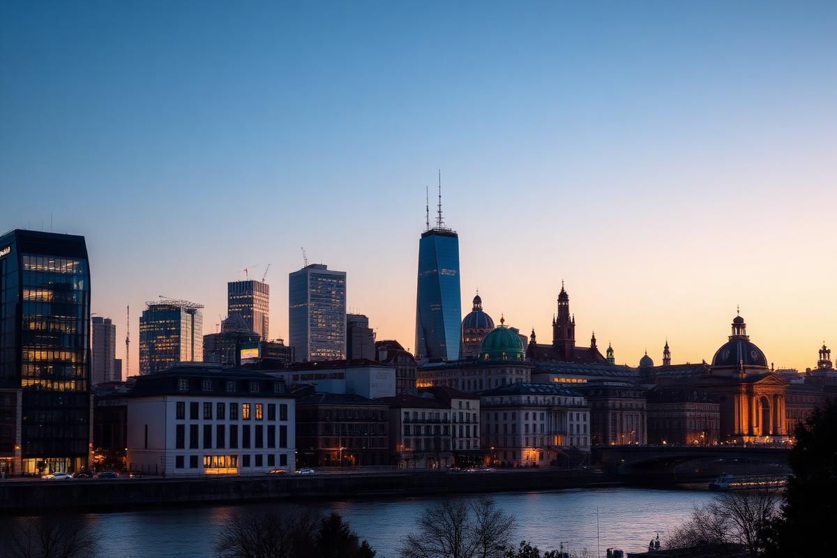European city skyline at dusk